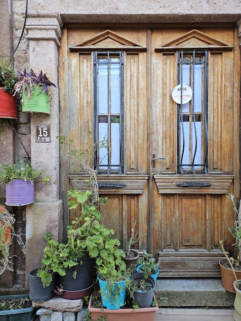 Wooden door with greenery and number 15